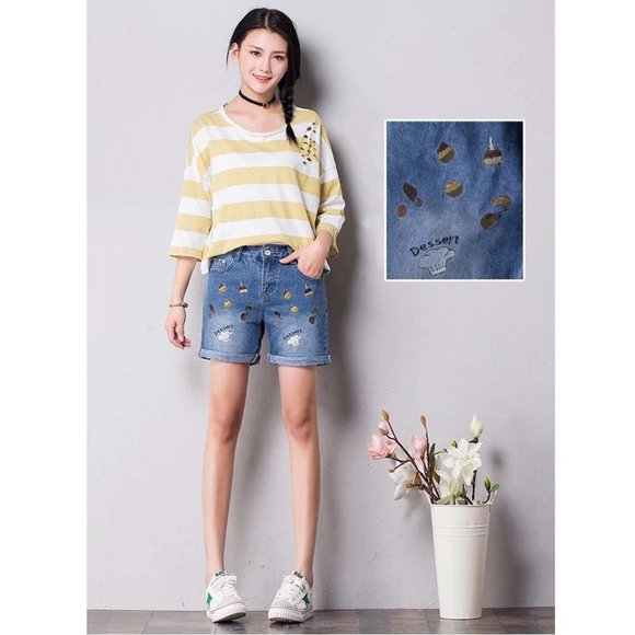 High-quality Jeans Shorts Exquisite Embroidery High Waist Shorts, F - Picture 2 of 2